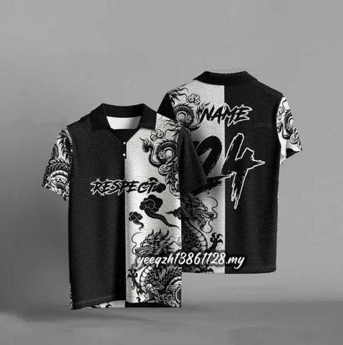 Black loose fit T-shirt with 3D digital printing design on polyester fabric, short sleeves
