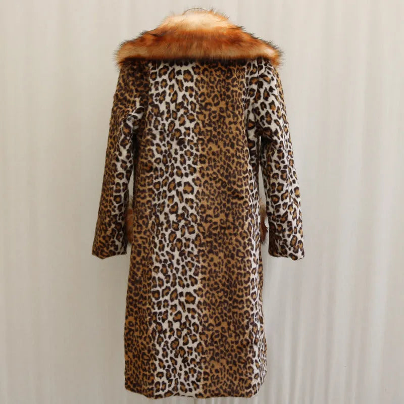 Women's long artificial fur jacket in leopard print with regular sleeves, shown in street fashion style.