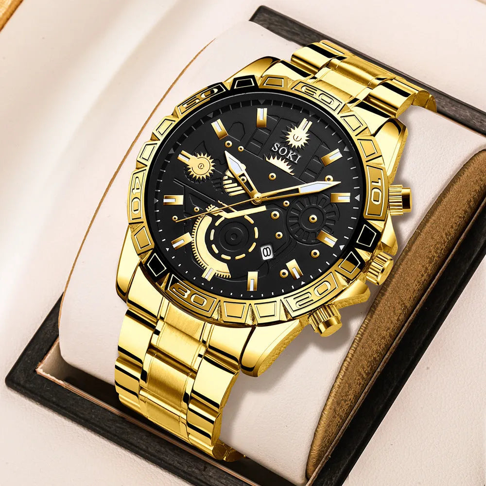 Gold men's business watch with steel strap showing calendar function and spiral crown