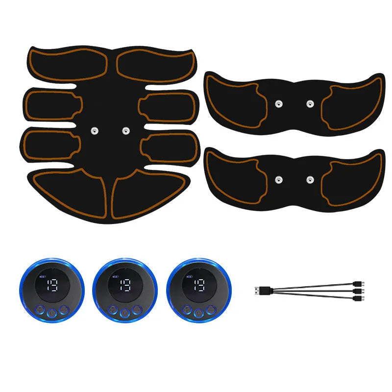 Abdominal muscle electrotherapy patch device with digital display, showing red, blue, and yellow edge colour options.