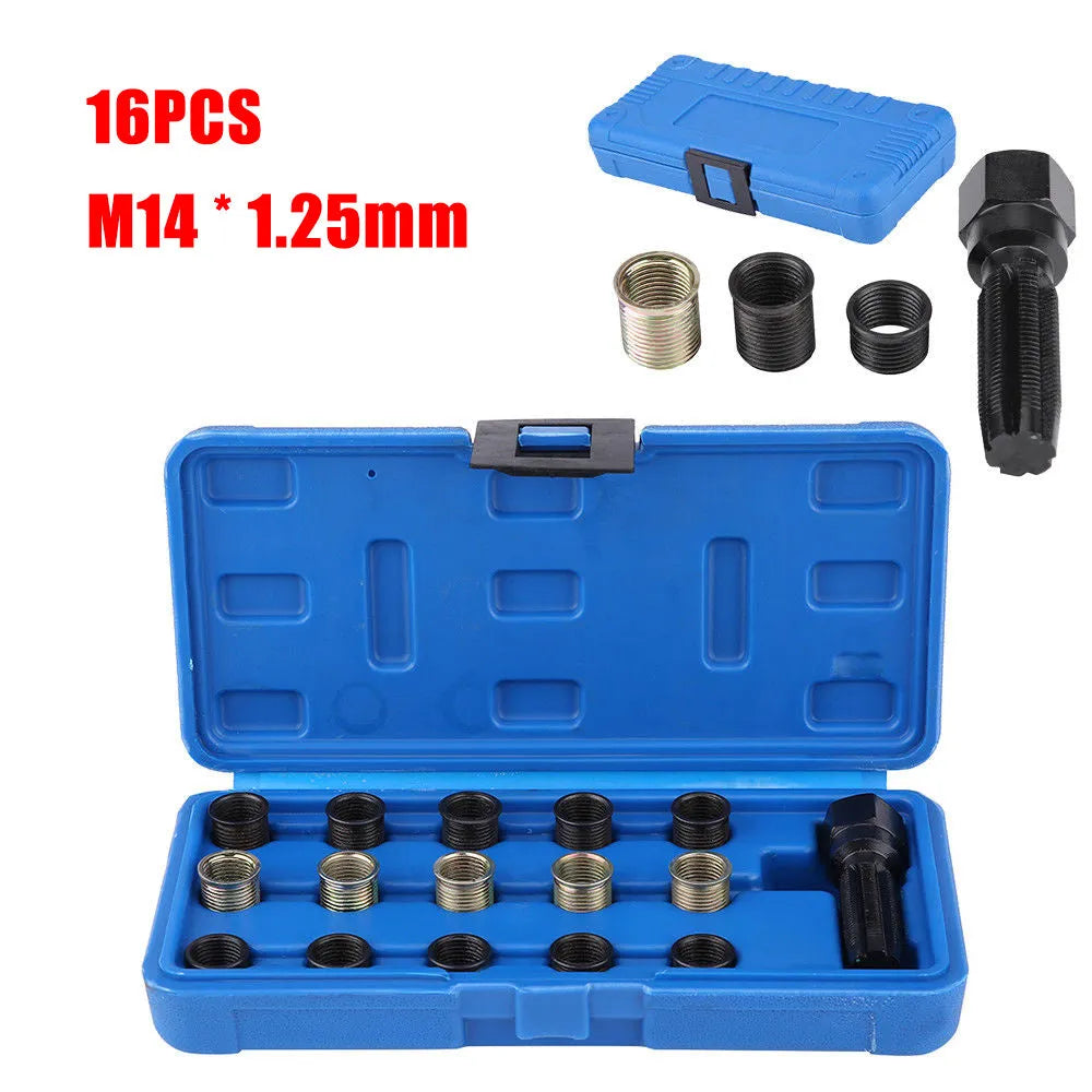16-piece spark plug thread repair kit with M14 flanges and M16 tap in blue packaging box
