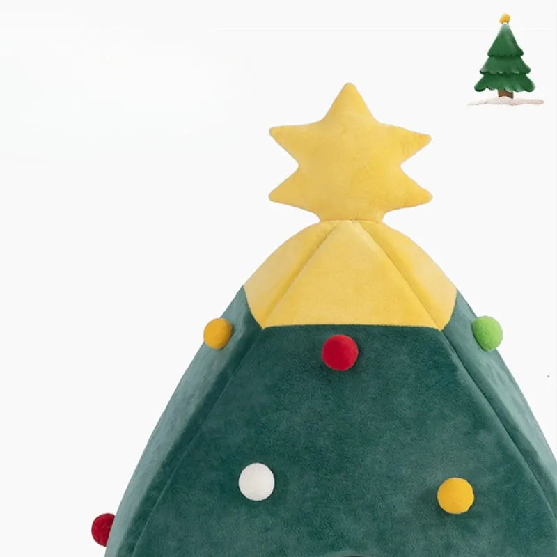Christmas tree-shaped plush pet cave bed for cats and dogs with detachable cover