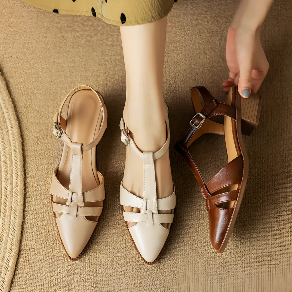 French retro Roman closed toe sandals for women in first layer cowhide, colour apricot