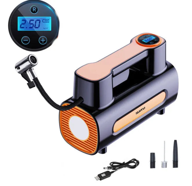 Cordless portable tyre inflator with digital display showing pressure reading