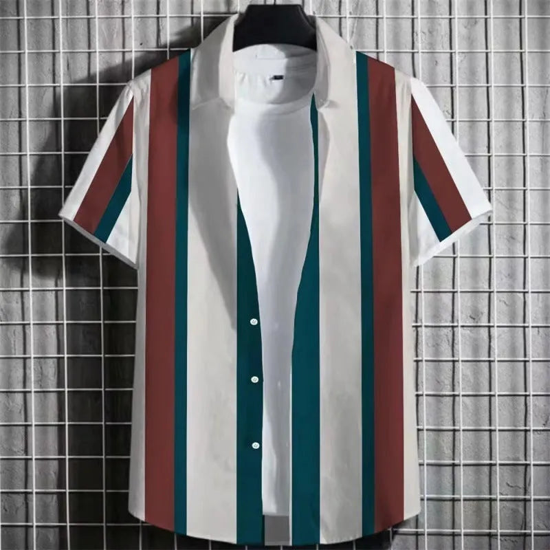 Men's striped linen t-shirt with 3D print design in extended sizing