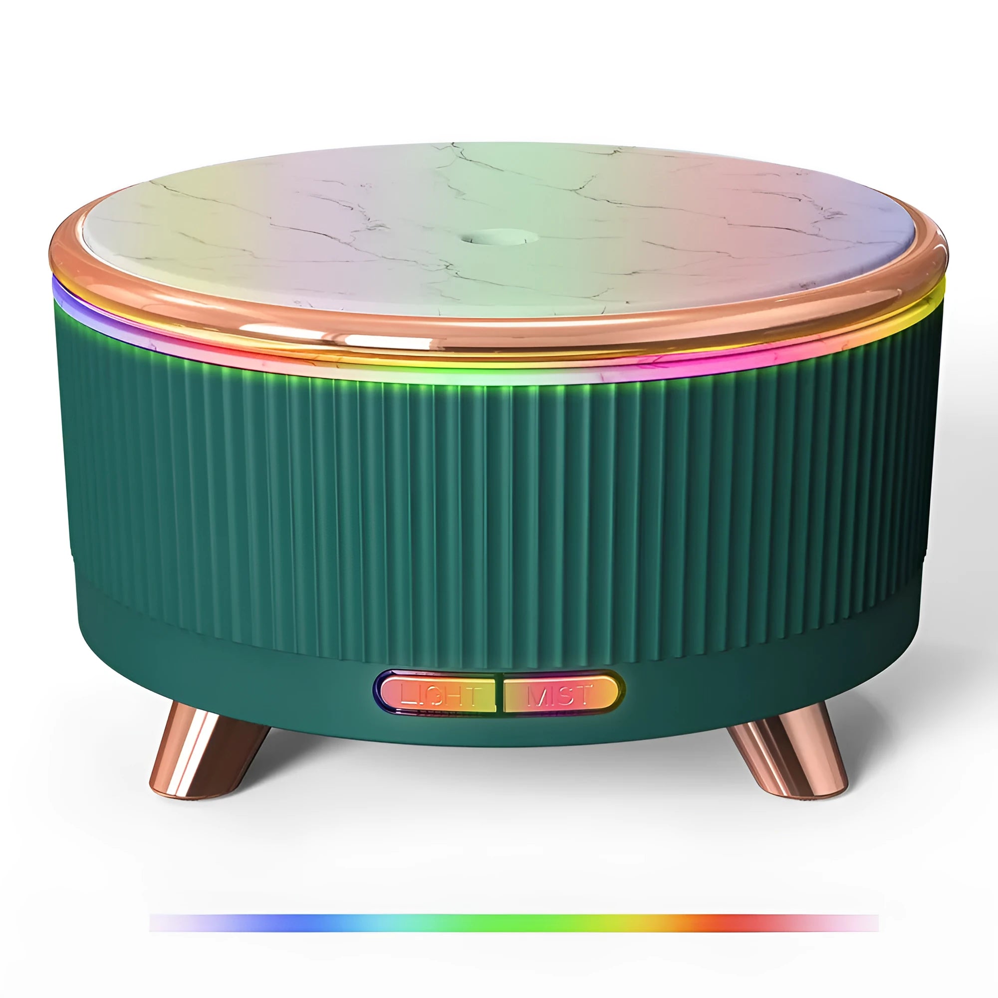 Round plastic ultrasonic aroma diffuser with wood grain finish and 500ml capacity, in green colour