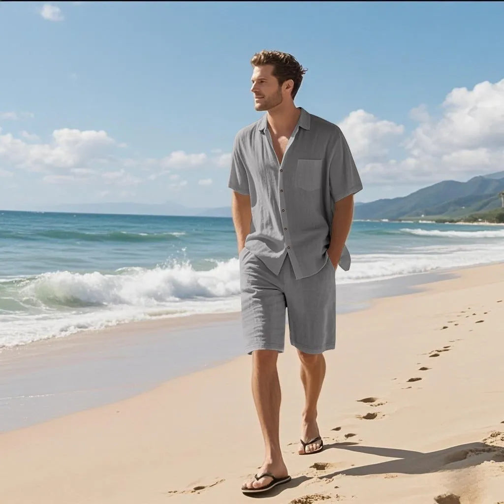 Men's linen blend short sleeve shirt and matching shorts beach suit set in multiple colours