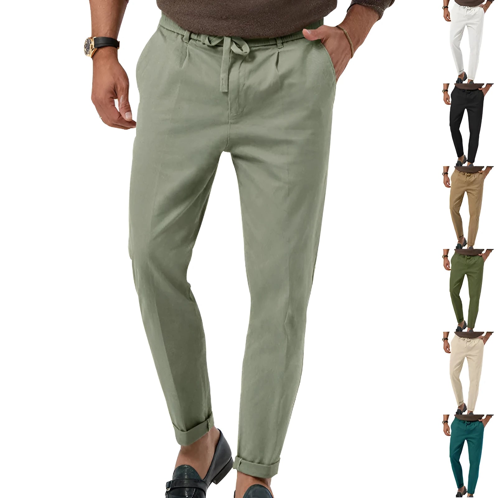Men's casual drawstring straight leg trousers in cotton blend fabric, high waisted, available in eight colours
