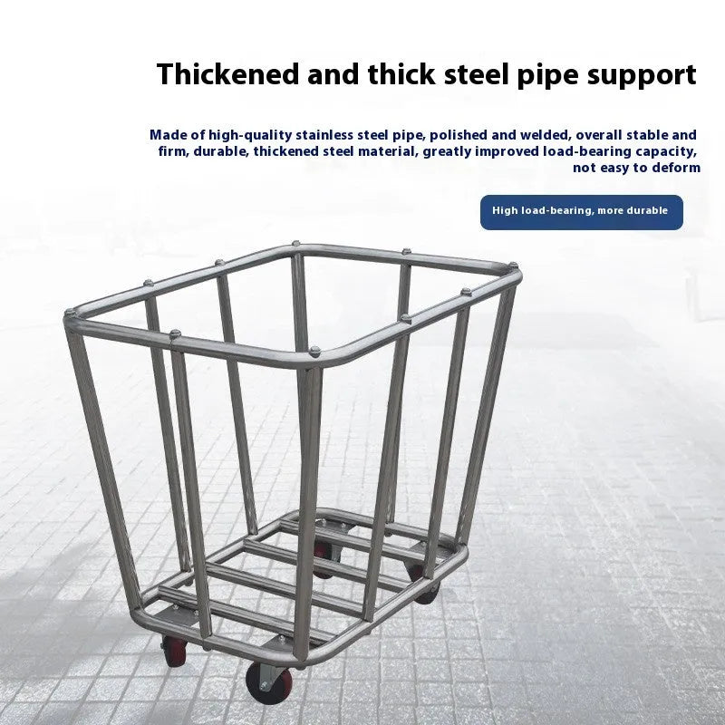 Stainless steel hotel cloth product trolley with blue bag and tubes for linen transport