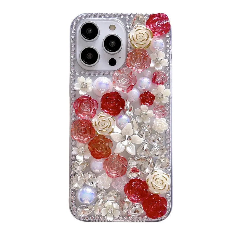 Full diamond rose flower TPU phone case for iPhone 15 Pro Max in red colour with anti-fingerprint finish