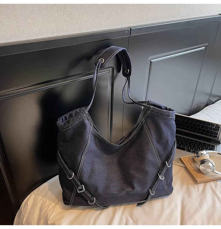 Retro large capacity women's casual shoulder bag in soft PU with double straps, horizontal square shape