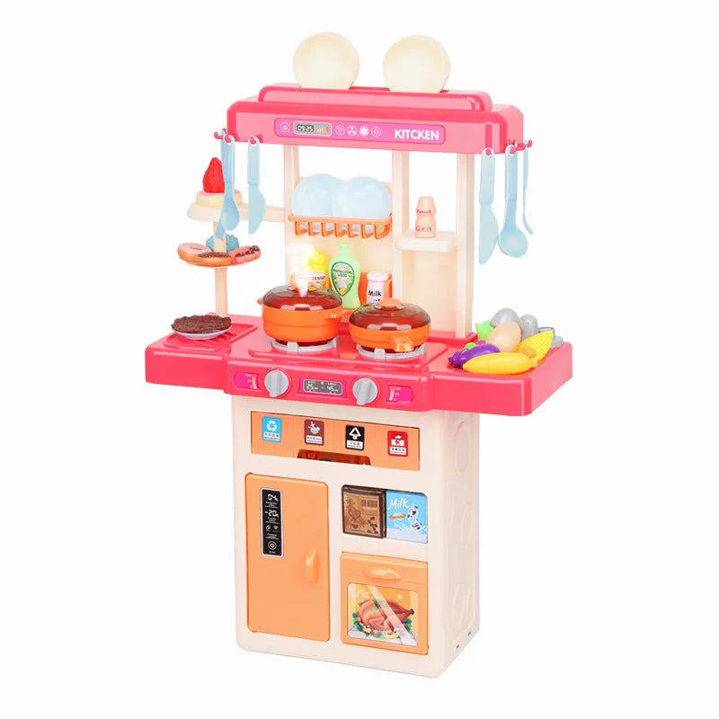 Plastic simulation kitchen play set with water spray, 31 pieces, 43cm height, pink colour