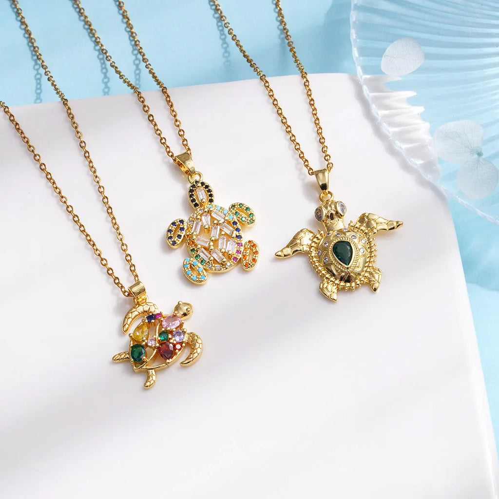 Gold-plated copper sea turtle necklace with zirconium pendant and O-link chain for women