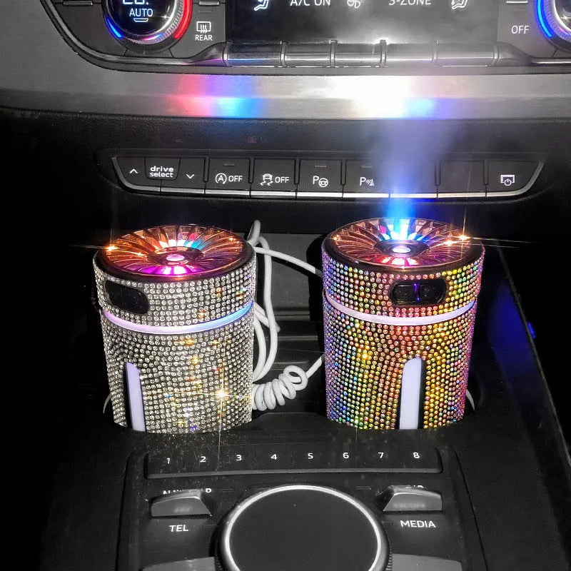 Diamond rhinestone car humidifier with LED lights and mist output, measuring 15x7x7cm