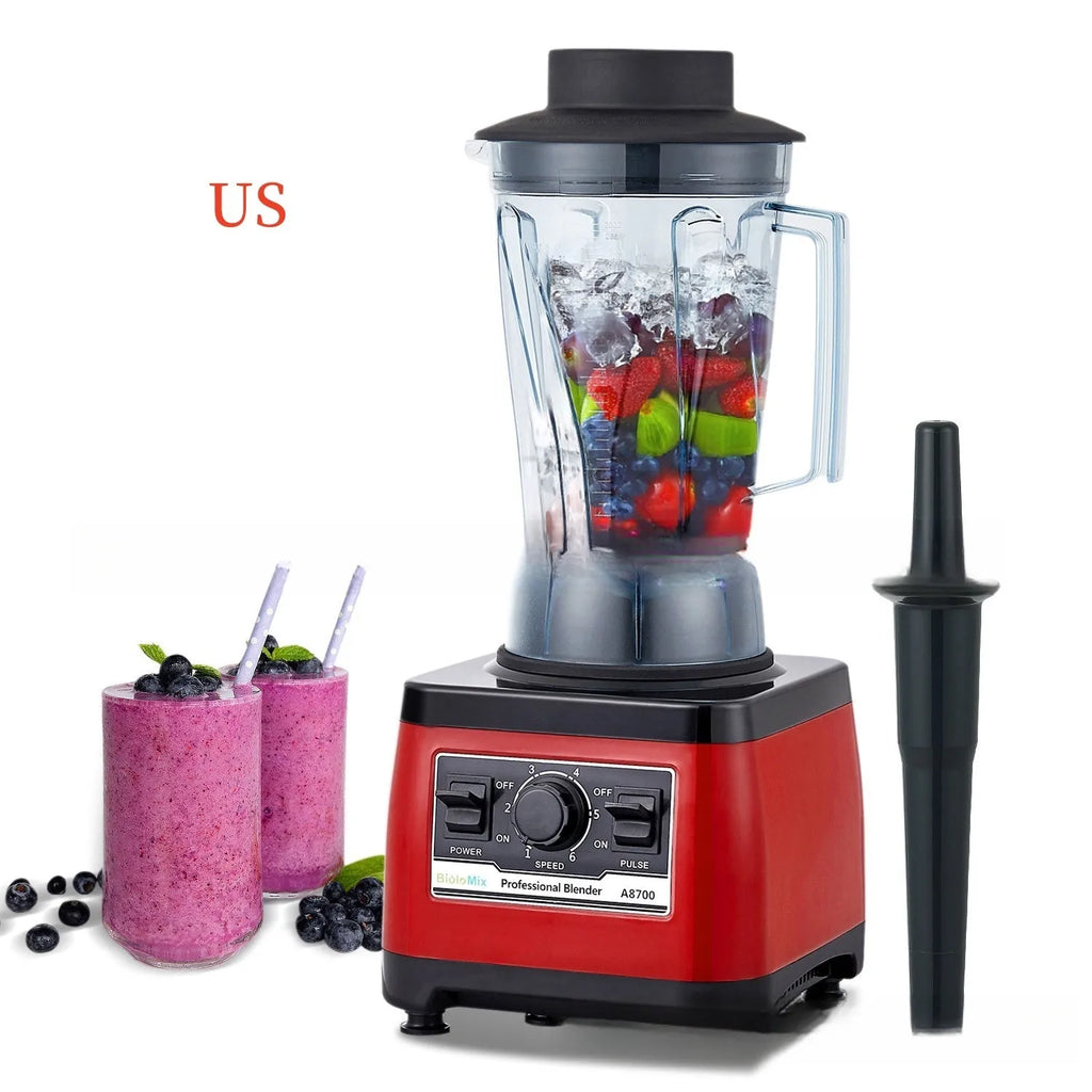 Red industrial-style commercial blender with 2200W motor and 2-litre capacity jug.