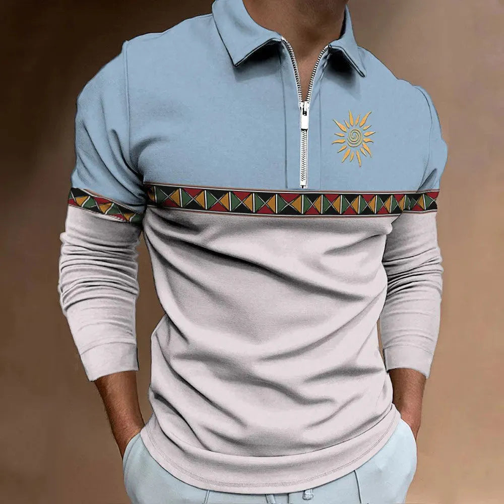Man modelling a men's long-sleeved retro print golf t-shirt with zip decoration in a loose fit.