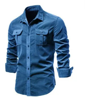 Men's long sleeve linen blend shirt on a hanger, showing classic collar and button front, in a choice of nine colours.