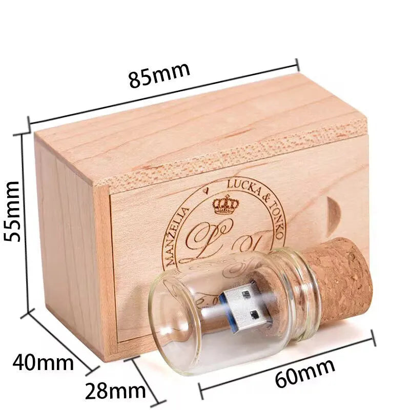 Transparent drift bottle shaped USB flash drive with a wooden cap, showing product dimensions.