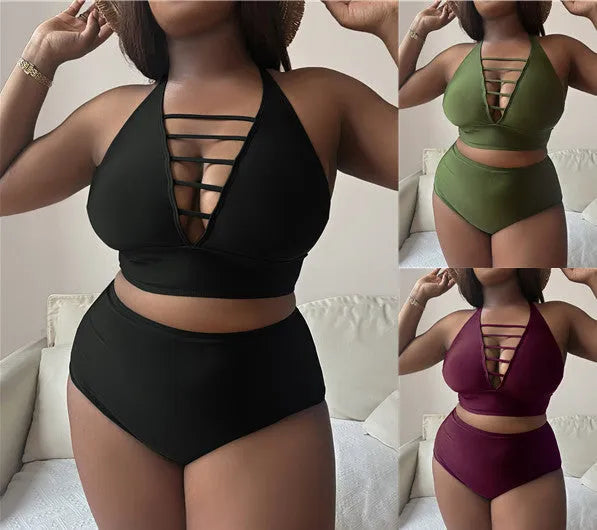 Plus size black halter bikini set with adjustable cross straps and high-waisted briefs.