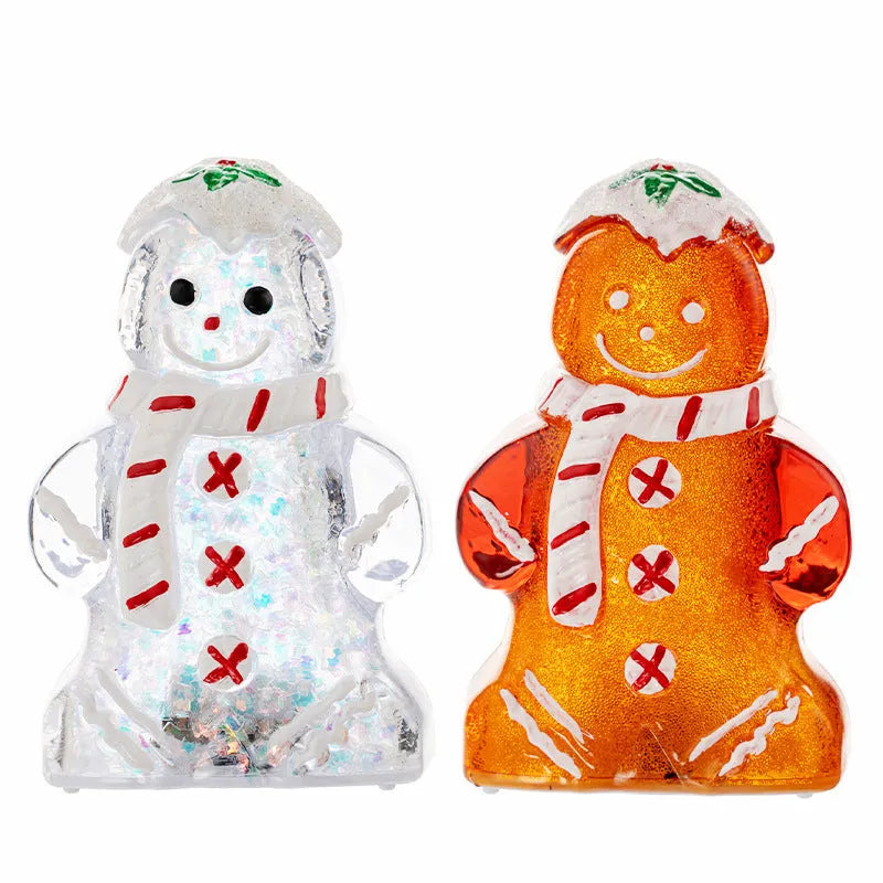 Plastic glowing gingerbread man Christmas ornament with a scarf in red, white, or transparent colours.