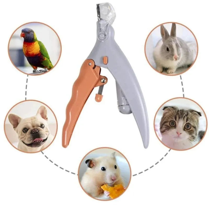 Yellow pet nail clippers with built-in LED light and magnifying lens for dogs and cats.