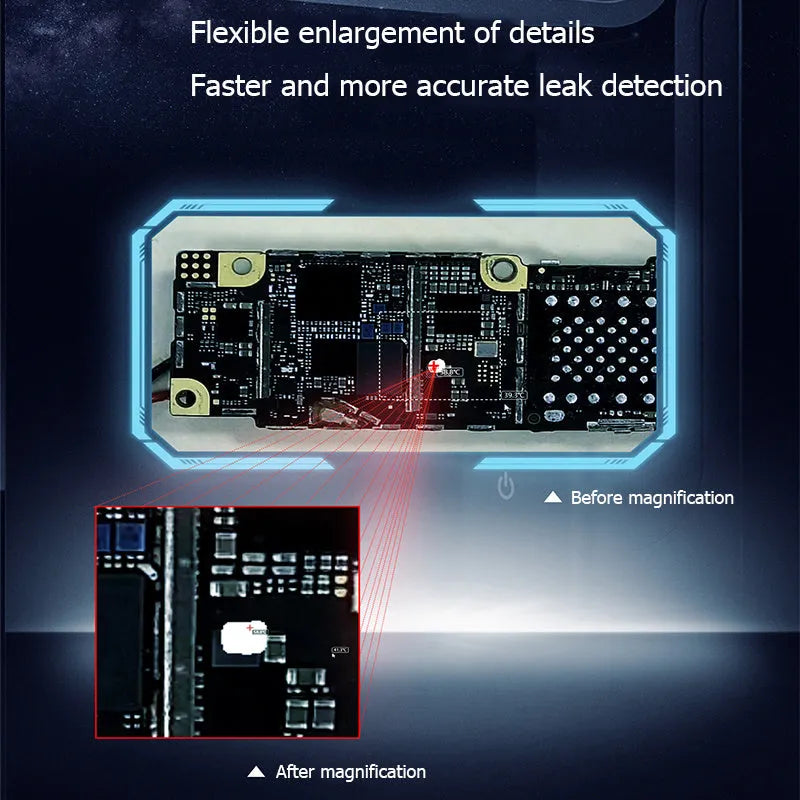 Black mobile phone mainboard diagnostic instrument with USB connection, measuring 48mm wide by 154mm tall