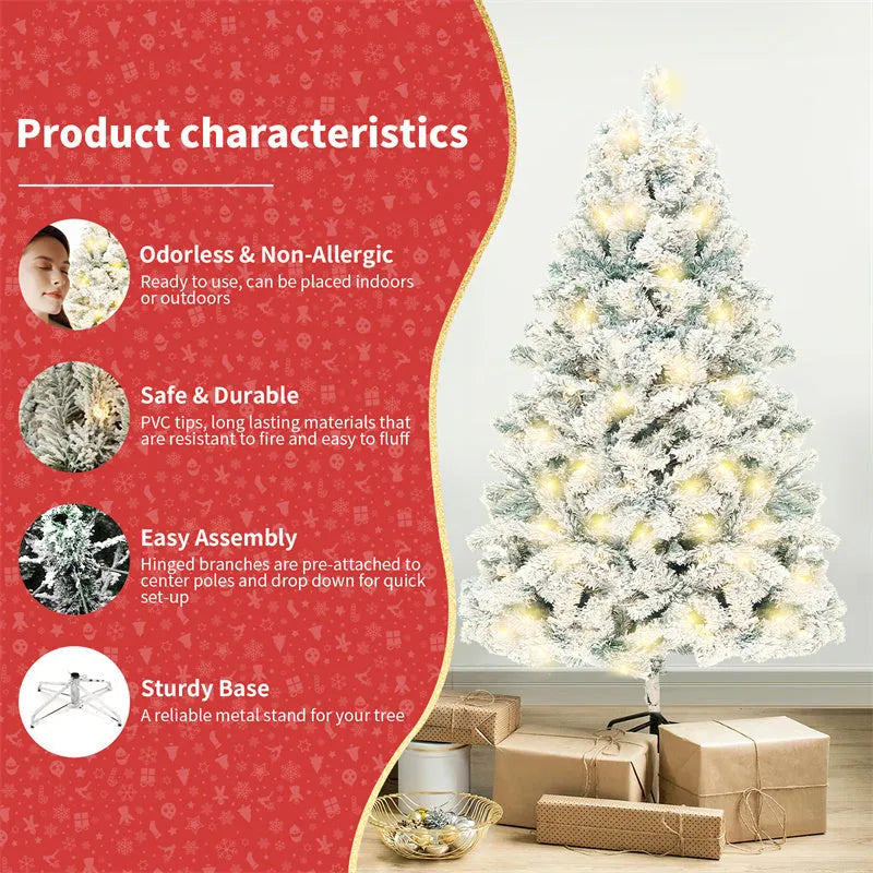PVC artificial snow Christmas tree with green and white decoration on metal stand