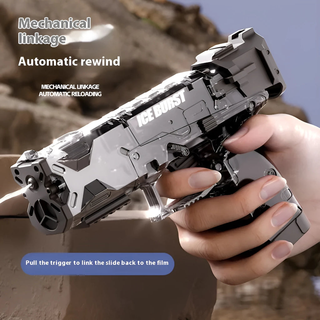 Children's manual plastic water gun with continuous hair mechanism, multiple colour options including transparent black, blue, red, and Glock styles
