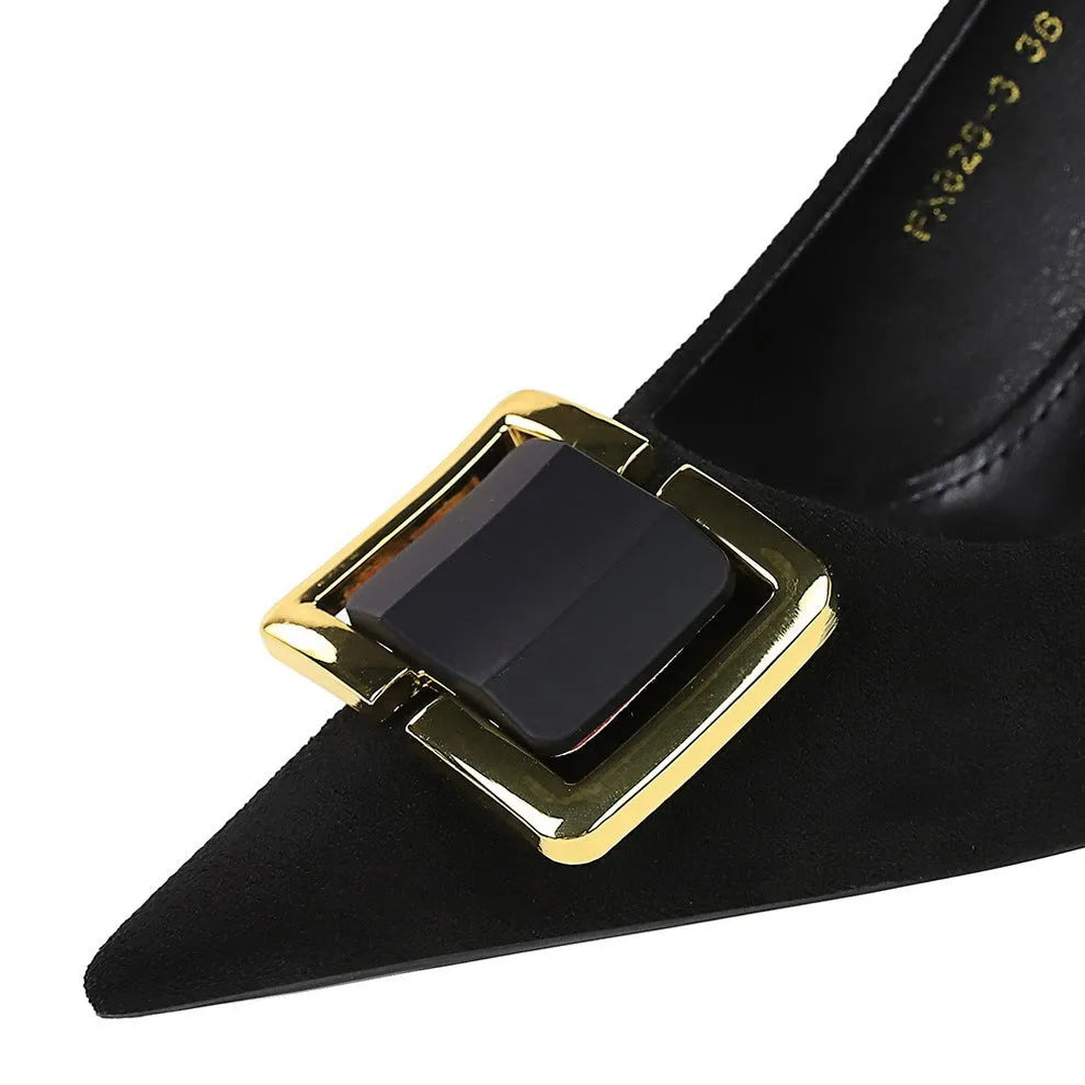 Black suede women's stiletto high heel shoes with a 9cm heel and pointed toe