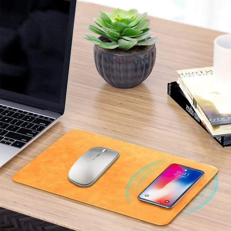 Brown leather-textured wireless charging mouse pad with Micro USB port for fast Qi charging.