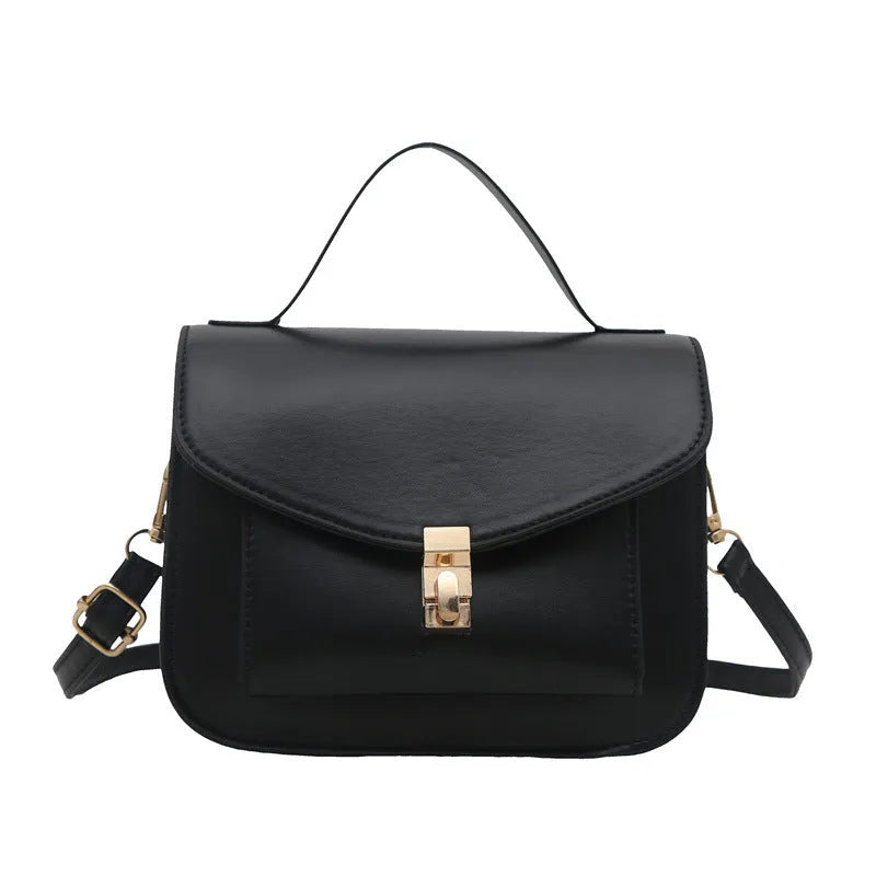 Horizontal square PU leather messenger bag showing document compartment and crossbody strap