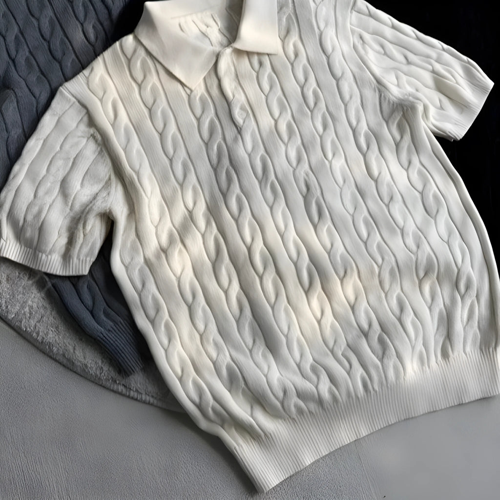Short sleeve twisted knit summer T-shirt in light gray on a hanger