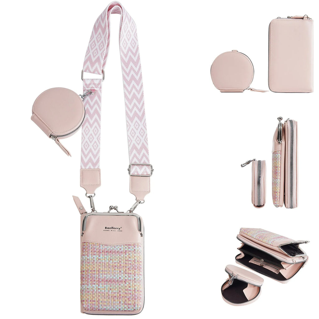 Women's black PU leather crossbody phone bag with adjustable strap, square vertical shape.