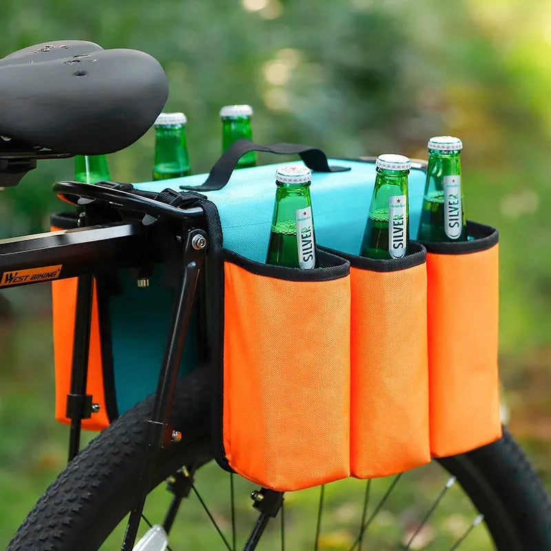 Black and blue orange double-sided bicycle drink storage bag made from 600D PVC with 2L capacity.