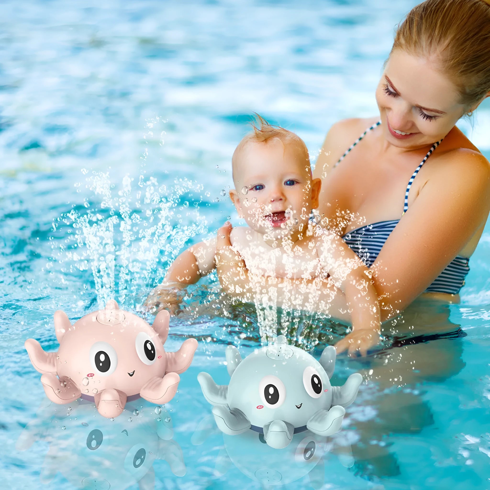 Blue automatic water spray octopus bath toy with flashing lights for children's bath time
