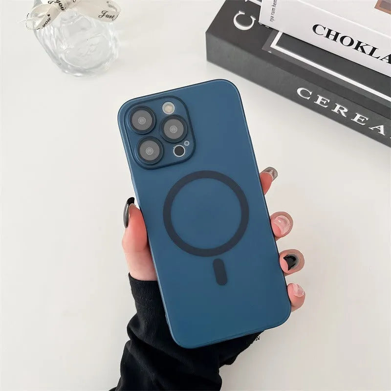 Ice Mist coloured ultra-thin magnetic frosted phone case for iPhone, shown on a phone.