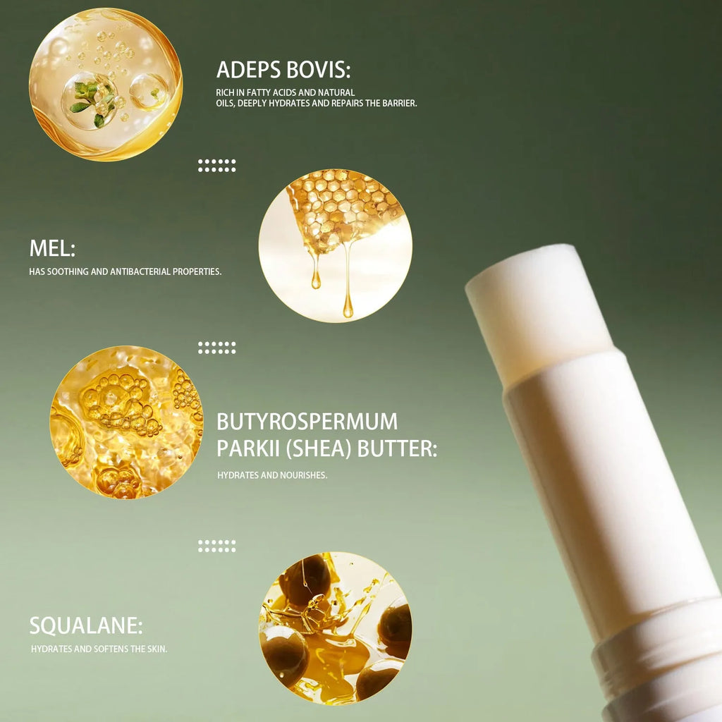 Tallow lip balm stick showing 83mm length with 5g content in twist-up format