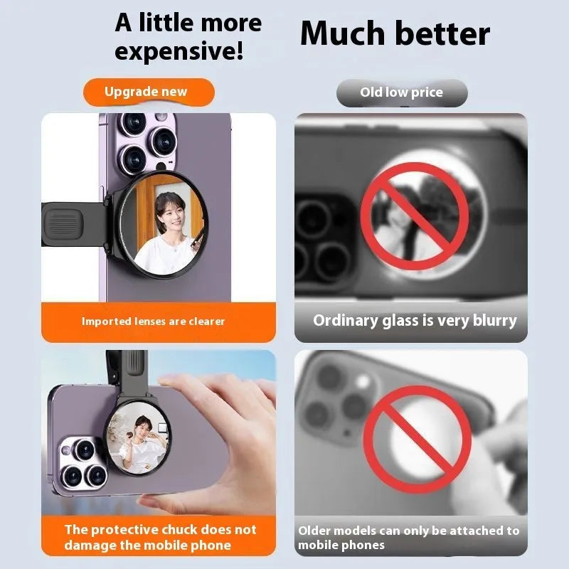 Black mobile phone rear camera self-timer clip with mirror, plastic and glass, includes lens, cloth, and storage box.