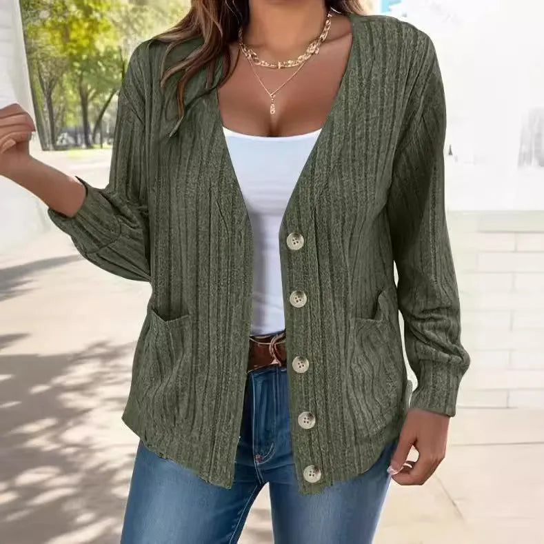 Light gray loose fit V-neck cardigan for women with button front and long sleeves