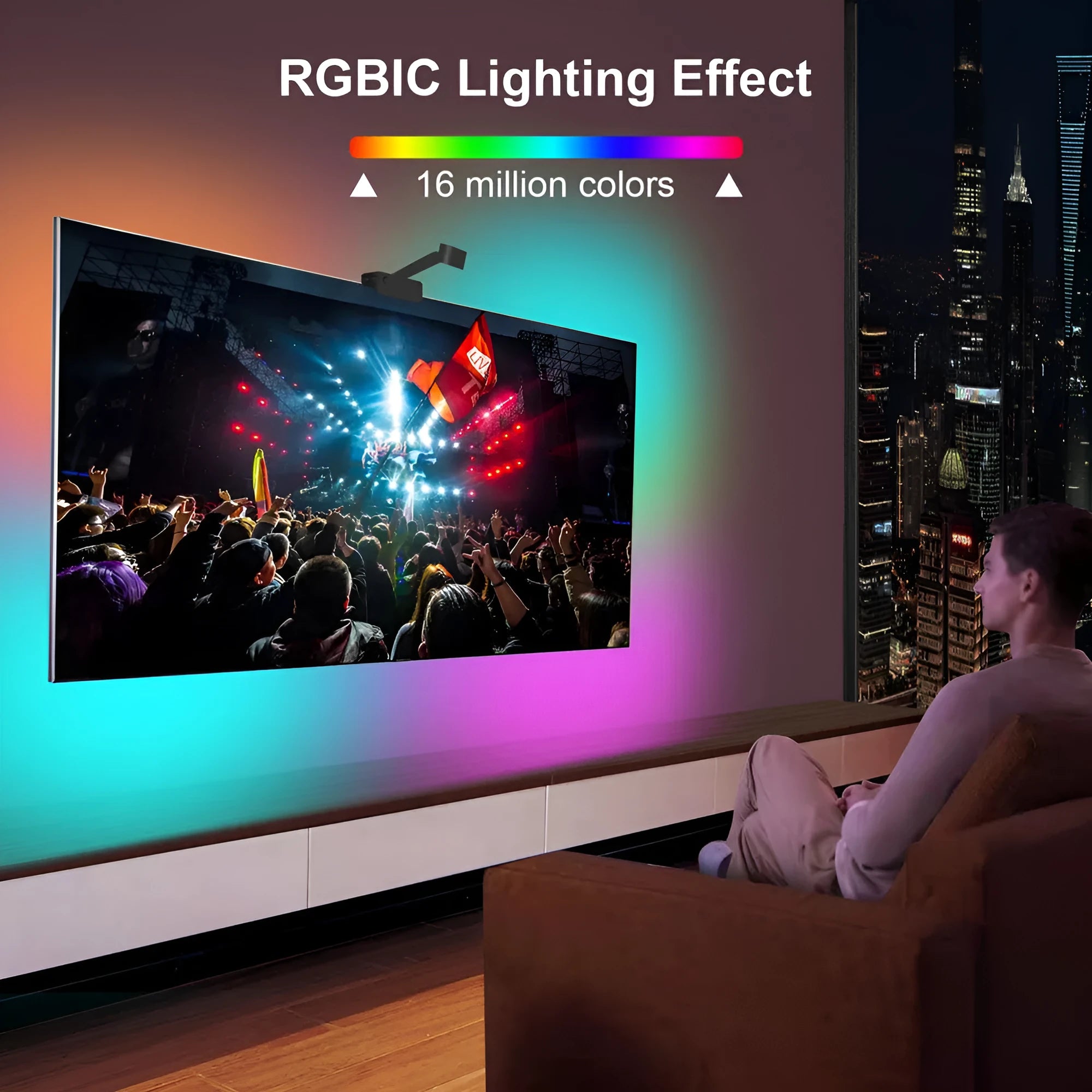 Black TV backlight strip with camera unit for screen colour synchronisation