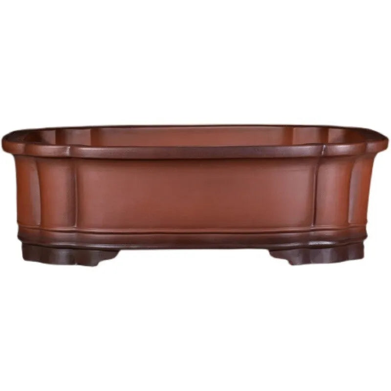 Antique finished rectangular purple clay flowerpot with detailed tree stump and floral relief carving.
