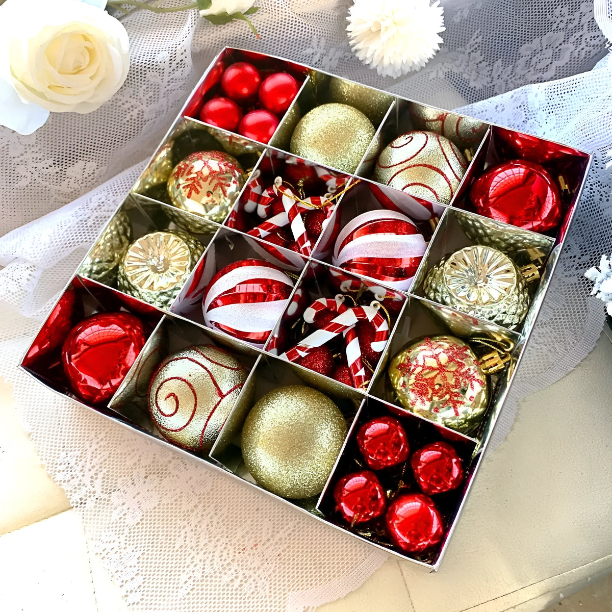 Plastic Christmas ball decoration set with electroplated painted pendants, 6cm full coloured drawing ball, and cowhide box.