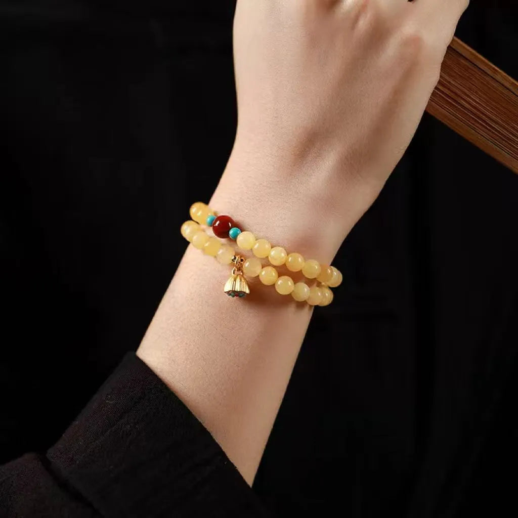 Yellow jade handmade double ring bracelet with lotus seedpod beads in 6mm and 8mm sizes