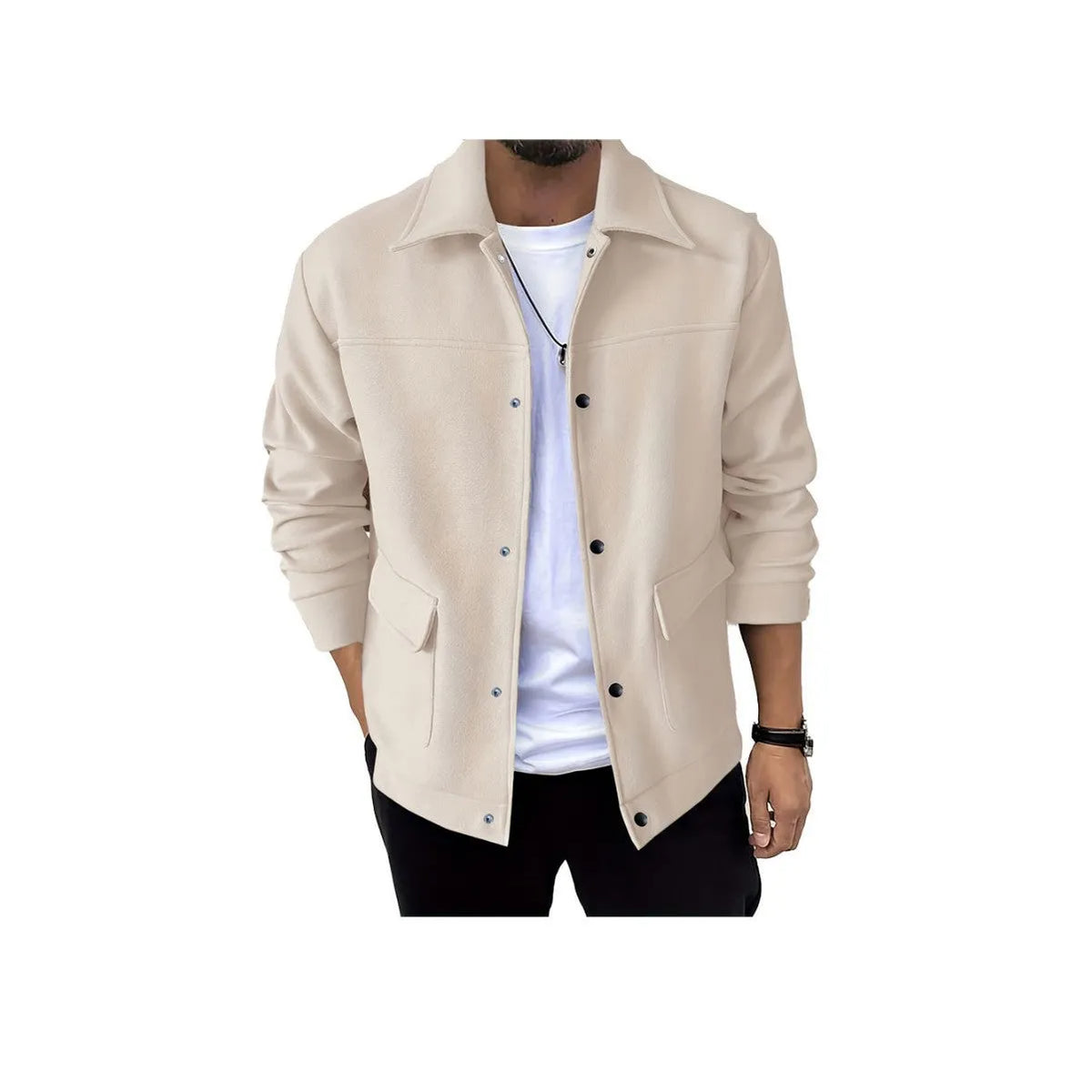 Men's solid colour casual jacket with topstitching slit pocket, long sleeves, round hem, polyester lining, spring autumn style