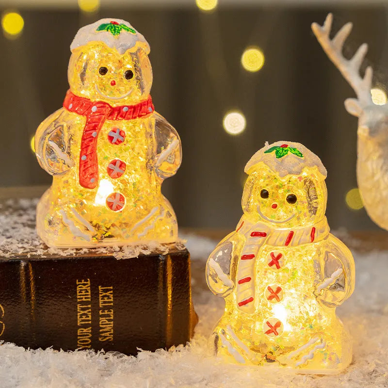 Plastic glowing gingerbread man Christmas ornament with a scarf in red, white, or transparent colours.