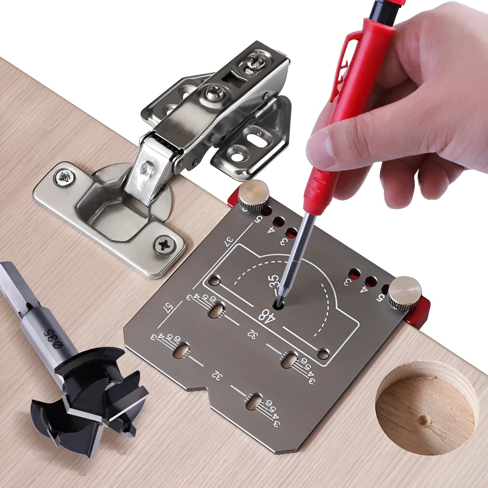 Aluminium alloy hinge locating ruler and hard alloy punch tool for 35mm cabinet door hinges.