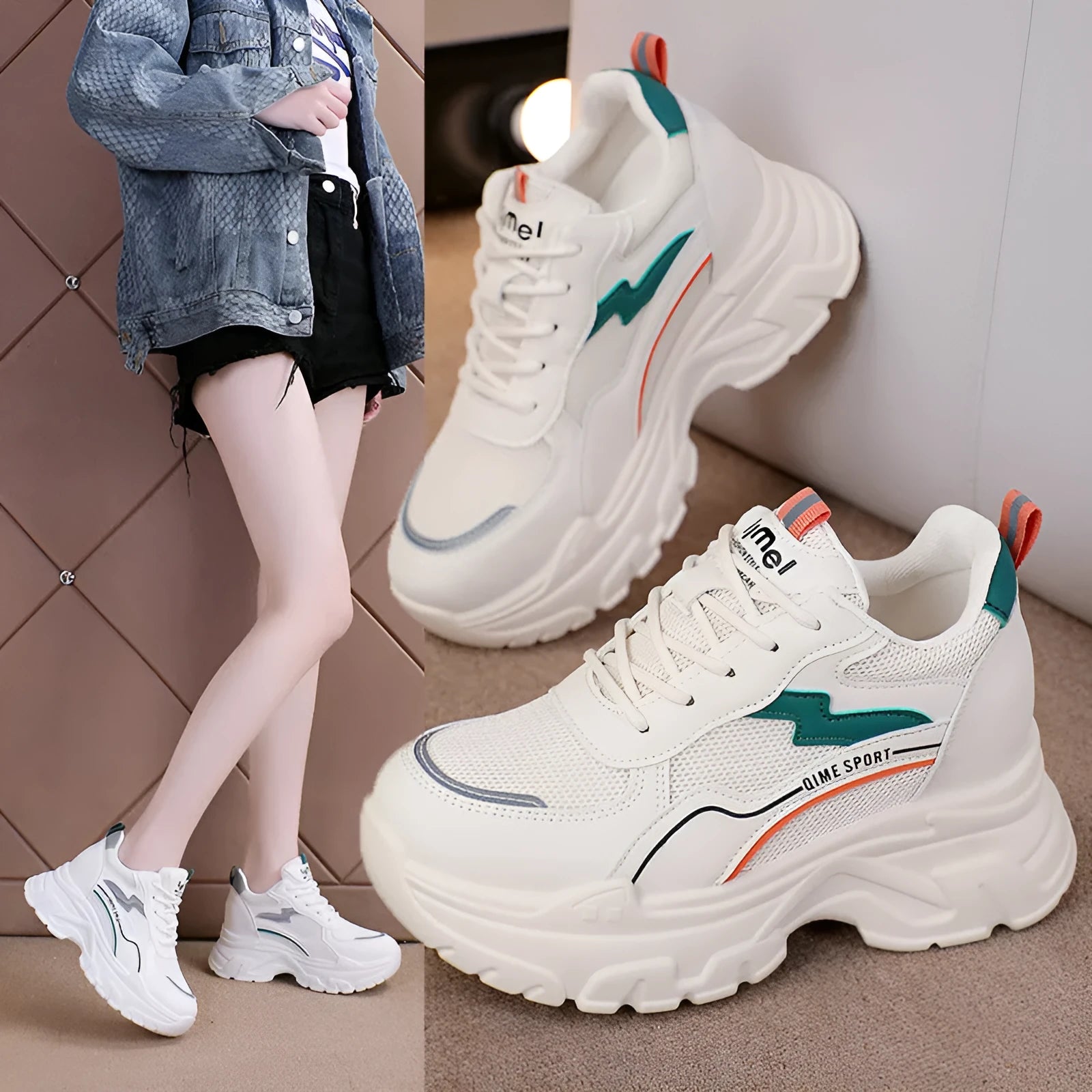 Women's white beige dad shoes with lace-up front, cross shoulder straps, and a breathable mesh upper.