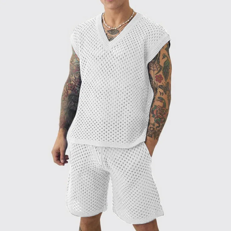 Men's blue knitted vest and shorts sportswear set for summer athletic activities
