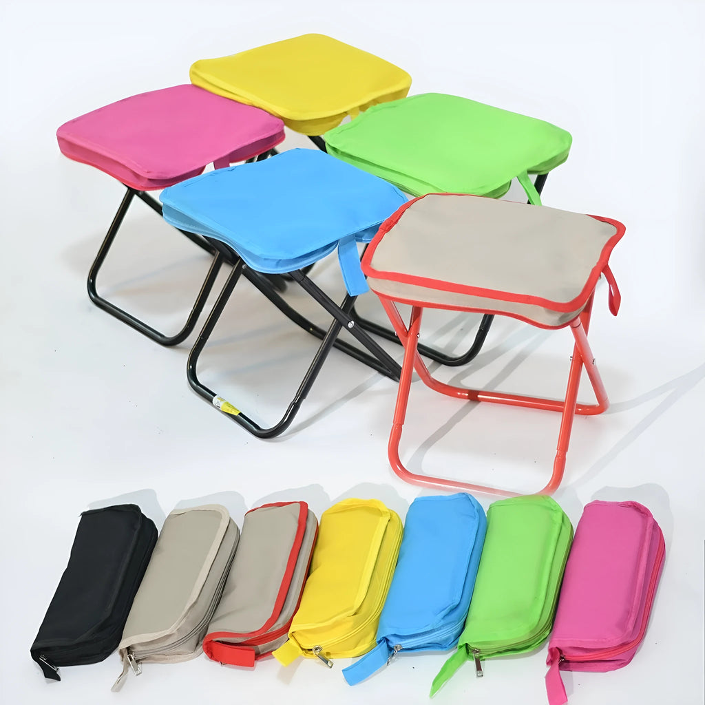 A foldable camp stool made from oxford cloth, shown in a khaki colour, folded into its compact pencil box shape.