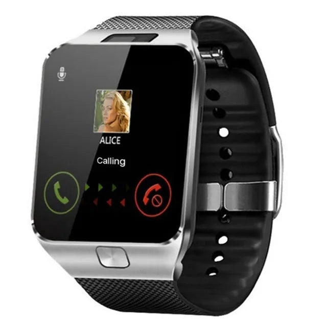 Smart watch with a rectangular touch screen face on an adjustable wrist strap, shown in black, white, gold, and silver grey colours.